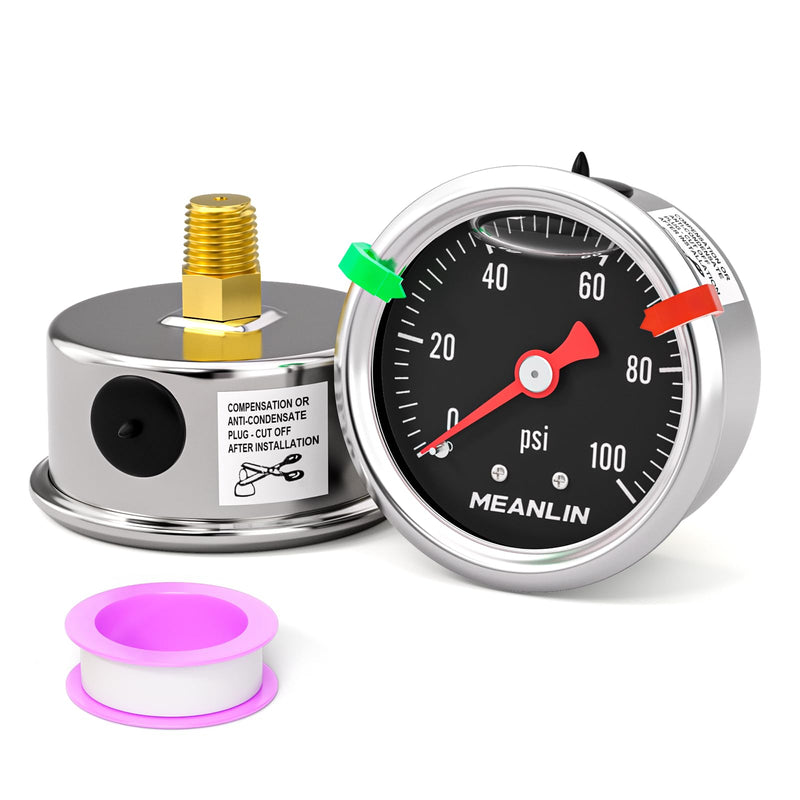 MEANLIN MEASURE 0~100Psi Stainless Steel 1/8" NPT 1.5" FACE DIAL, Glycerin Filled Pressure Gauge, Liquid Filled, Back Mount with 2PCS Snaps (Black) 0-100Psi Back Mount(Black Dial)