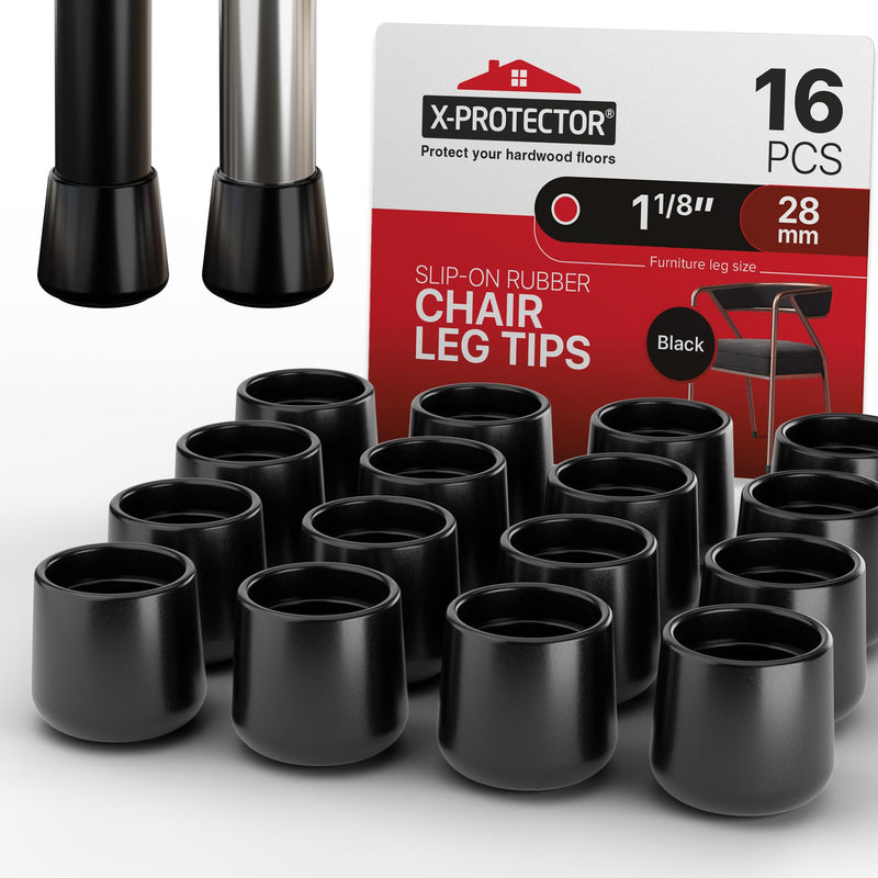 X-Protector Rubber Chair Leg Caps - 16 PCS 1 1/8" Rubber Feet for Furniture - Non-Slip Rubber Furniture Feet - Black Chair Leg Covers - Rubber End Caps - Rubber Furniture Feet - Prevent Scratches! 16 PCS 1 1/8" Black