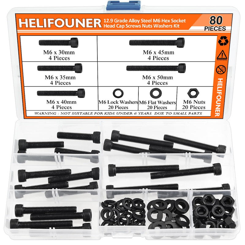 80 Pieces M6 x 30mm /35mm /40mm /45mm /50mm, Hex Socket Head Cap Metric Screws Bolts Washers Nuts Kit, 12.9 Grade Alloy Steel, Fully Threaded, Black M6 x 30/35/40/45/50mm