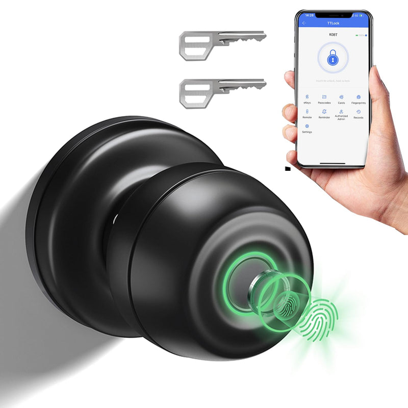 Smart Door Knob, Fingerprint Door Knob, Biometric Smart Door Lock with App Control, Metal Alloy Door Knobs, Easy Installation, Great for Bedrooms, Cloakroom, Apartments Offices, Hotel(Black) Black