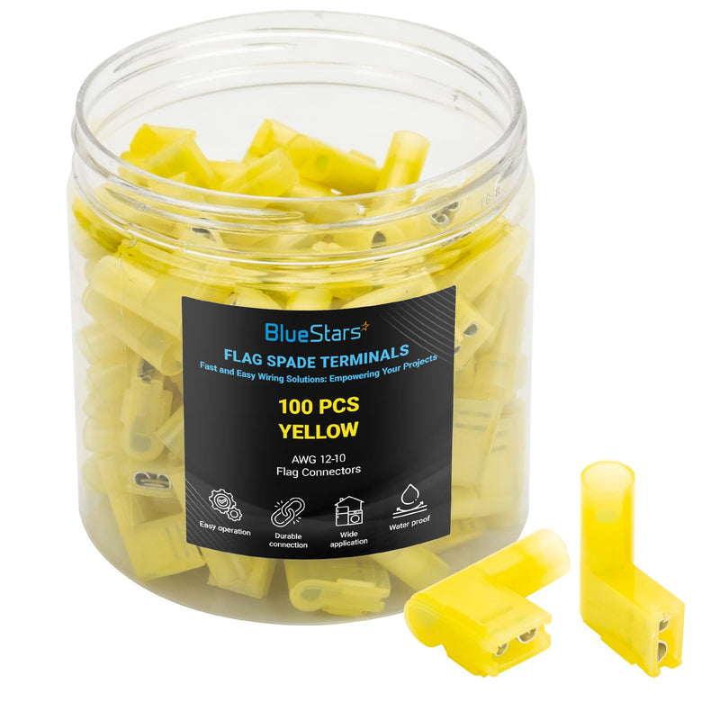 BlueStars 100 PCS Yellow Flag Spade Terminals Female AWG 12-10, 400V, 24A Electrical Connectors Kit, Nylon Flag Spade Quick Disconnects Female Wire Connector - Right Angle Yellow - 100 pieces