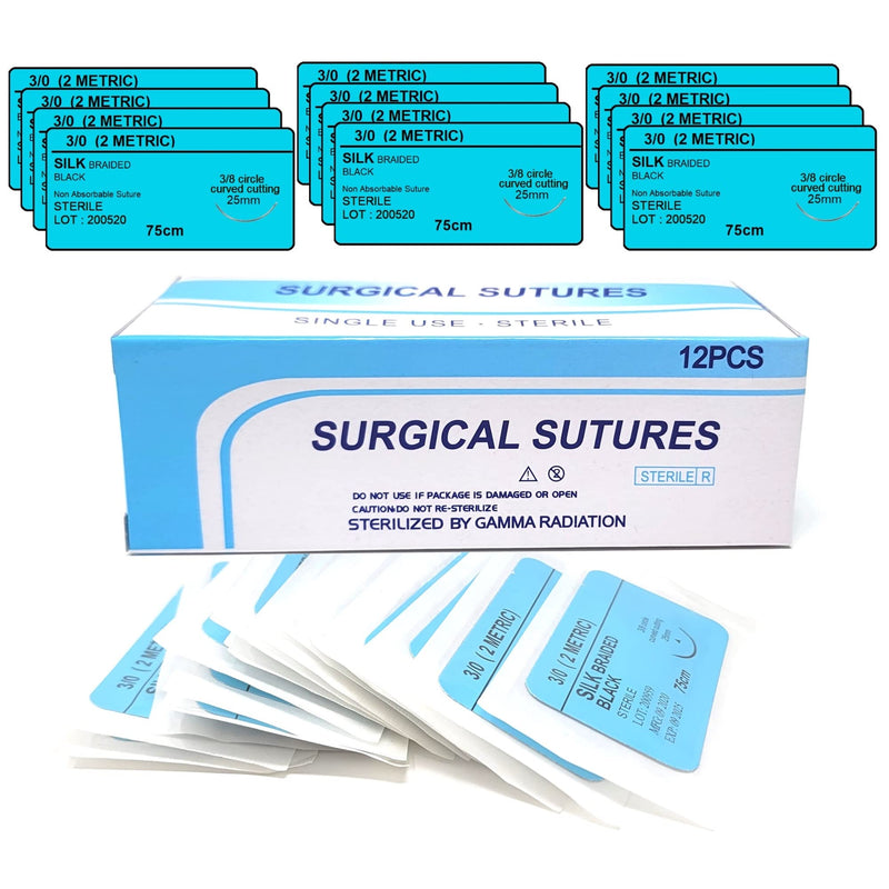 HTI Practice Suture Thread 3-0 Silk Sterile with Needle Box of 12 Pcs for Nursing Student Training Kit Practicing Suturing MD, RN, EMT, Vet Demo