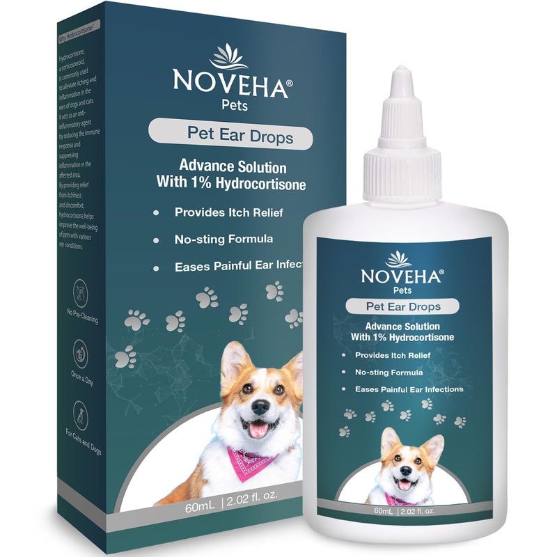 NOVEHA Pet Ear Drops with 1% Hydrocortisone | Ear Cleaner for Dogs & Cats for Earwax buildup, No-Sting Formula, Calms Itch & Reduces Painful Ear Infections 60mL (60ml (Pack of 1)) 60ml (Pack of 1) - PawsPlanet Australia