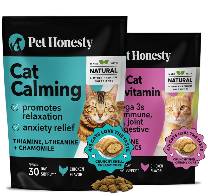 Pet Honesty Cat Calming + Cat Multivitamins Dual Texture Chew Supplement Bundle - Helps Reduce Stress and Cat Anxiety, Supports Overall Immune Health, Joints, Skin & Coat, and Digestion - PawsPlanet Australia