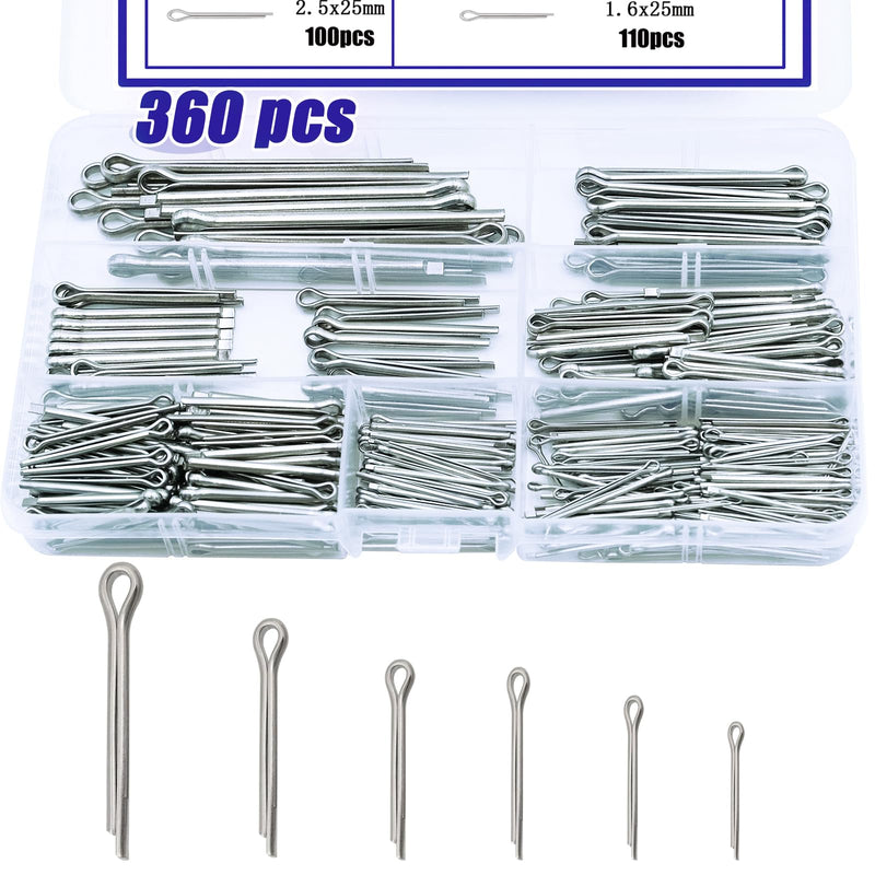 360PCS Cotter Pin Assortment Kit, 6 Sizes 304 Stainless Steel Cotter Pins Set, Split Pin Fastener Clips for Car Mechanics, Lawn Mowers, Trucks, Tractors Repair 360PCS