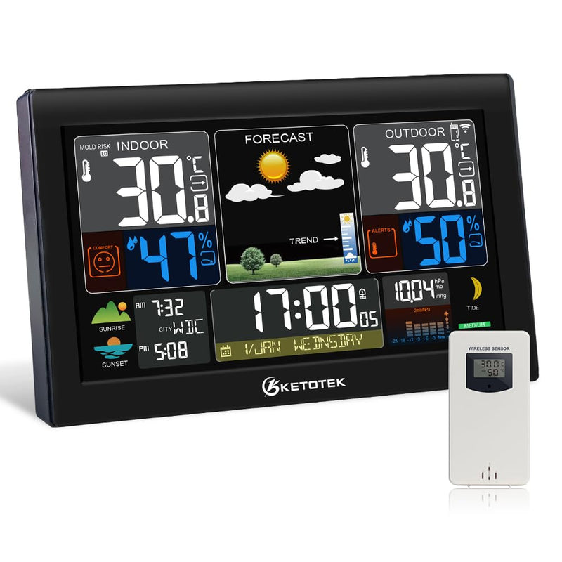 Wireless Weather Station with Outfdoor Sensor 8.8'' LCD Digital Thermometer Hygrometer,WWVB Radio Alarm Clock,Barometer,Weather Forecast,City Sunrise Sunset Time,Calender,Moon Phase with white sensor