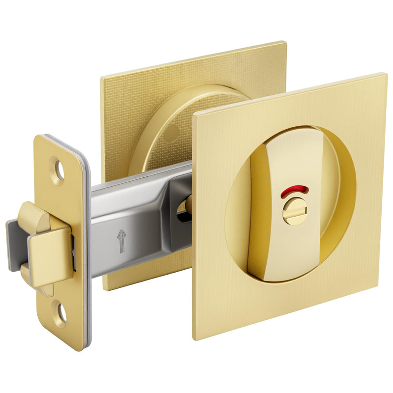 goldenwarm Brushed Gold Square Pocket Door Lock with Indicator, Pocket Door Hardware for 2-1/8'' Round Bore Hole, Pocket Door Handles Fit 1-1/4'' to 2'' Thickness Sliding Door 2-3/8'' Latch 1 Pack Indicator 1 Pack
