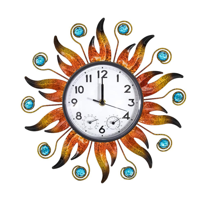 Sun Outdoor Clock with Thermometer and Hygrometer Combo, Silent No-Ticking Outdoor Wall Clock, Waterproof Quartz Clock for Patio, Living Room, Kitchen, Garden, 13 Inch Orange-sun