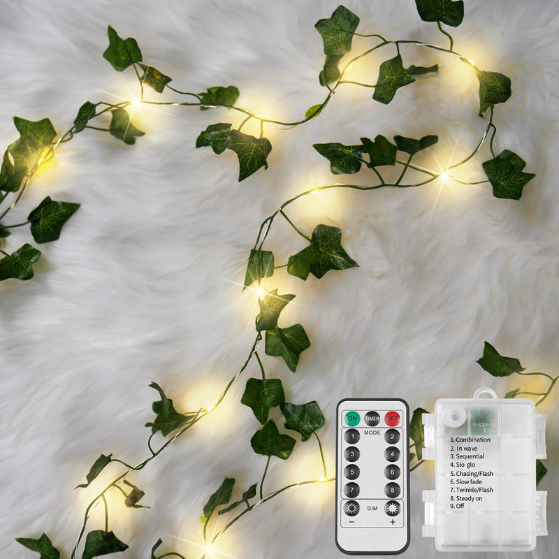suddus Vine with Fairy Lights Battery Operated, 33ft 100 LED Ivy String Lights with Remote, Leaf Lights for Bedroom, Room, Wall, Garden, Party, Wedding Decor (Warm White) 100 LED-Copper Wire Battery-Powered IVY-33ft