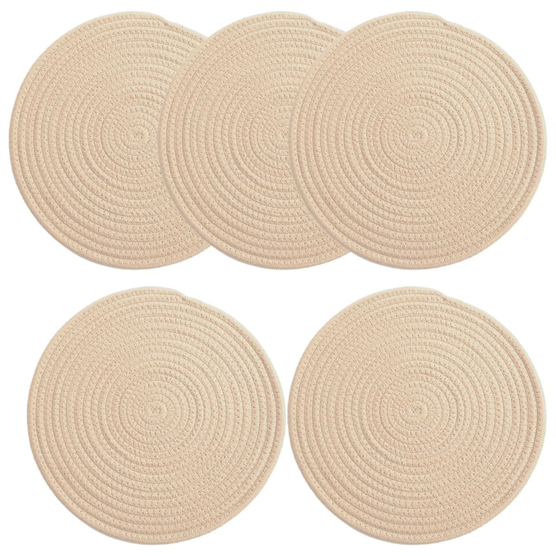 Zhiheng 5 Pack Round Coaster Potholder Cotton Braided Trivets Coffee Cup Mat Drink Tableware Hot Pots Placemats for Cooking Baking Housewarming Party Table Decorations (10inch,Beige) 10inch Beige
