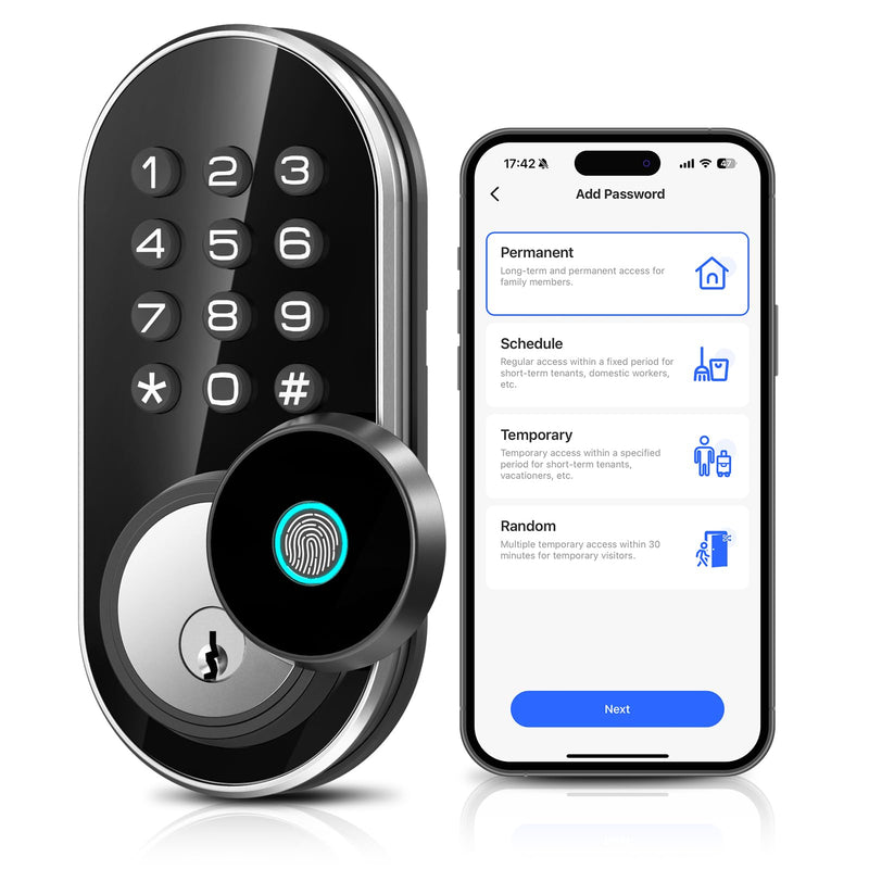 TEEHO TE342 Fingerprint Smart Keyless Entry Door Lock with Keypad, Bluetooth App Remote Control - Electronic Deadbolt for Front Door - Auto Lock - Silver