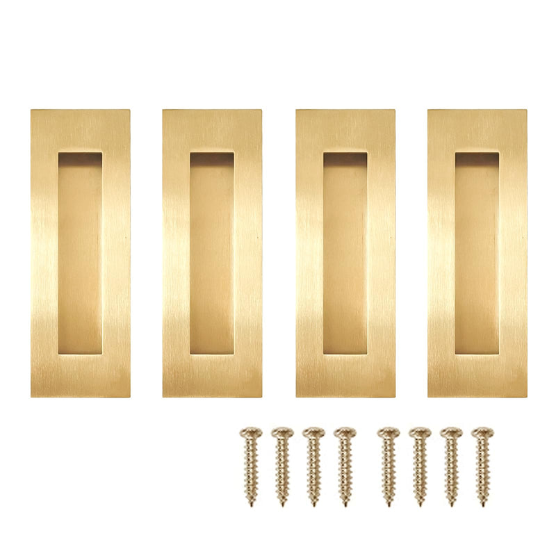 Recessed Finger Flush Pulls - Hadnles Fit Wardrobe Doors, Pocket Doors, Sliding Barn Doors, Bifold Doors and More Stainless Steel Brushed Rectangular Door Pull Hardware (7 INCH, Gold - 4 Pack) 7 Inch