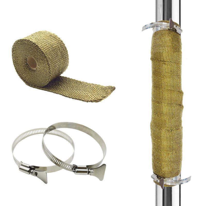 DOBTIM Fireproof Pipe Wrap Insulation 2" Wide X 16' Long, Fiberglass Heat Shield Tape Pipe Webbing for Stove Flue Protector with 2 Clamps, Titanium Titanium-16Ft