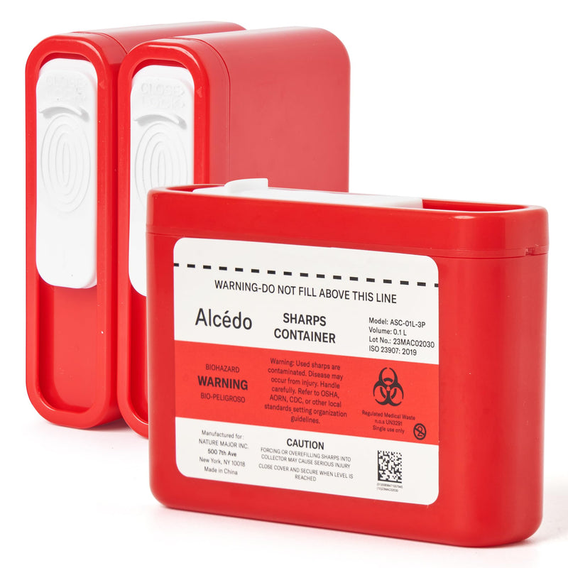 Alcedo Portable Sharps Container for Travel and Home Use (3-Pack), Small 0.1L Container for Diabetes Insulin Pen Needle Disposal, Biohazard Syringe Mini Container, Medical Grade 3