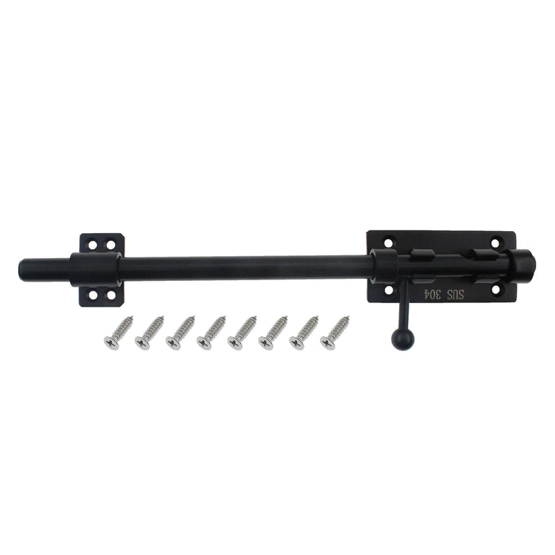 Slide Bolt Gate Latch Hardware，SAFYY 1 PCS Barrel Bolt Latch,Heavy Duty Solid 304 Stainless Steel Door Lock with Padlock Hole,Electroplating Finish for Door/Wooden Fence/Shed/Cellar-Black 12 Inch