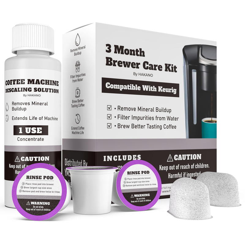 3 Month Brewer Care Cleaning Maintenance Kit Compatible with Keurig Coffee Makers | 1 Bottle Descaling solution| 3 Rinse Pods| 2 Water Filters