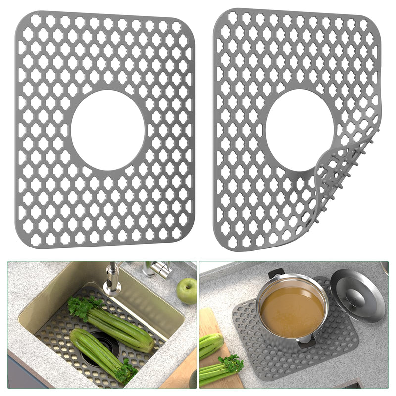 TOOVEM Kitchen Sink Mats, 2PCS Non-Slip Heat Resistant Silicone Sink Protector Mat, Folding Farmhouse Rear Drain Sink Mats, Center Drain, Grey Gray 2Pack-13.58"x11.6"-Center Drain