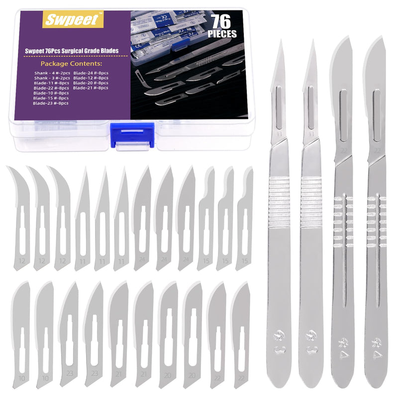 Swpeet 77Pcs 9 Styles #10#11#12#15#20#21#22#23#24 Scalpel Blades Surgical Grade Blades with #3#4 Scalpel Knife Handle Assortment Kit,Biology Lab Knives for Biology Lab Anatomy, Cutting N6