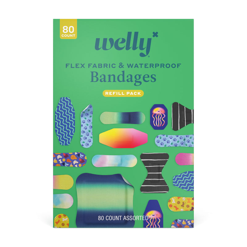 Welly Bandage Family Pack | Adhesive Flexible Fabric & Waterproof Bandages | Assorted Shapes and Patterns for Minor Cuts, Scrapes, and Wounds - 80 Count 80 Count (Pack of 1)