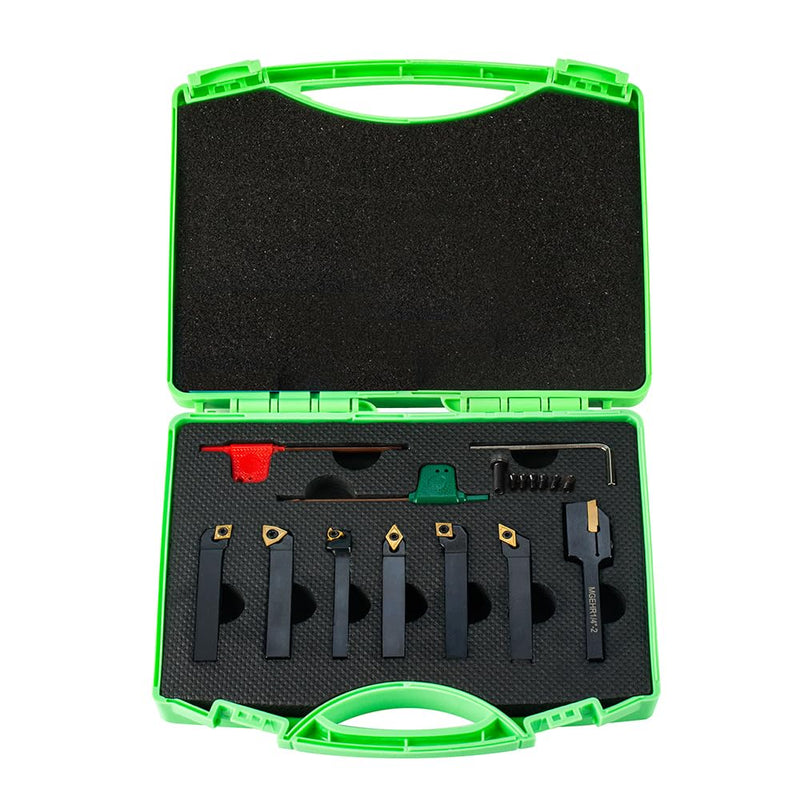 Indexable Lathe Turning Tool-1/4" Shank 7 Pieces Carbide Turning Tool Set, CNC Heavy-Duty Metal Lathe Cutting Tools for Turning Grooving Threading Cutting with Tin Coated Carbide Inserts