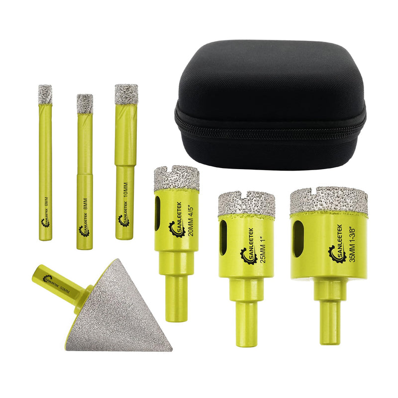 Diamond Core Drill Bits Set - 7pcs (6/8/10/20/25/35mm+50mm Hex Shank Beveling Chamfer Bit) SANLEETEK Hole Saw Kit with Round Shank for Ceramic Tile Porcelain Marble Granite Round Shank Set1