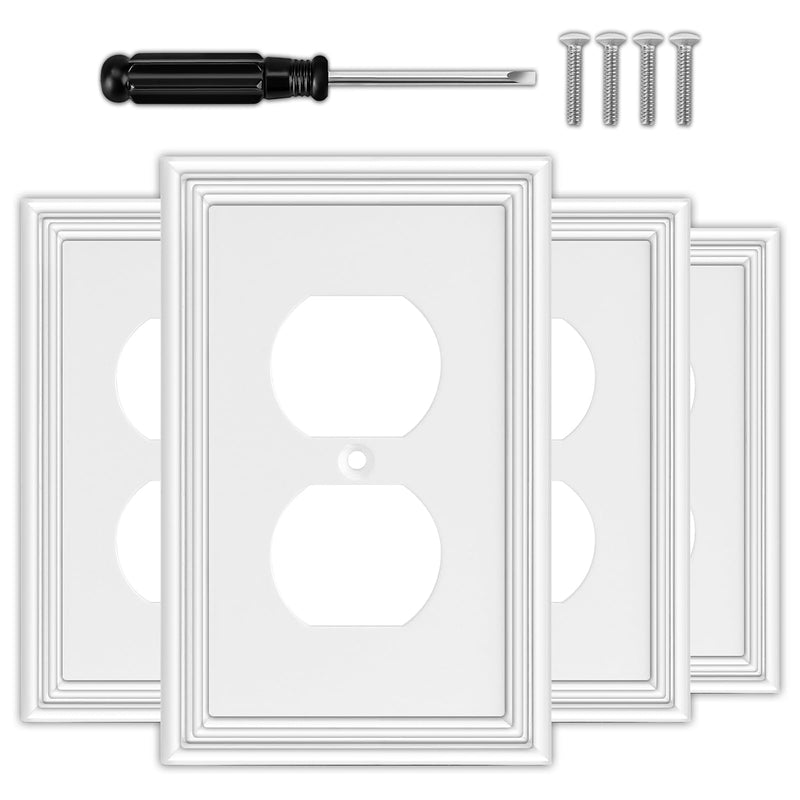 White Decorative Outlet Covers Wall Plates, Natural Material Electric Receptacle Cover Switch Plate Outlet Cover - Modern Style (1 Gang Single Duplex 4 Pack) 1 Duplex 4 Pack