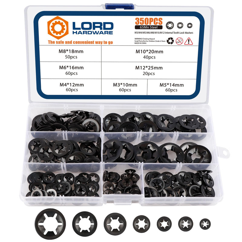 350Pcs Internal Tooth Star Lock Washers M3/M4/M5/M6/M8/M10/M12 Push On Speed Clips Fasteners Assortment Kit (Black) Black