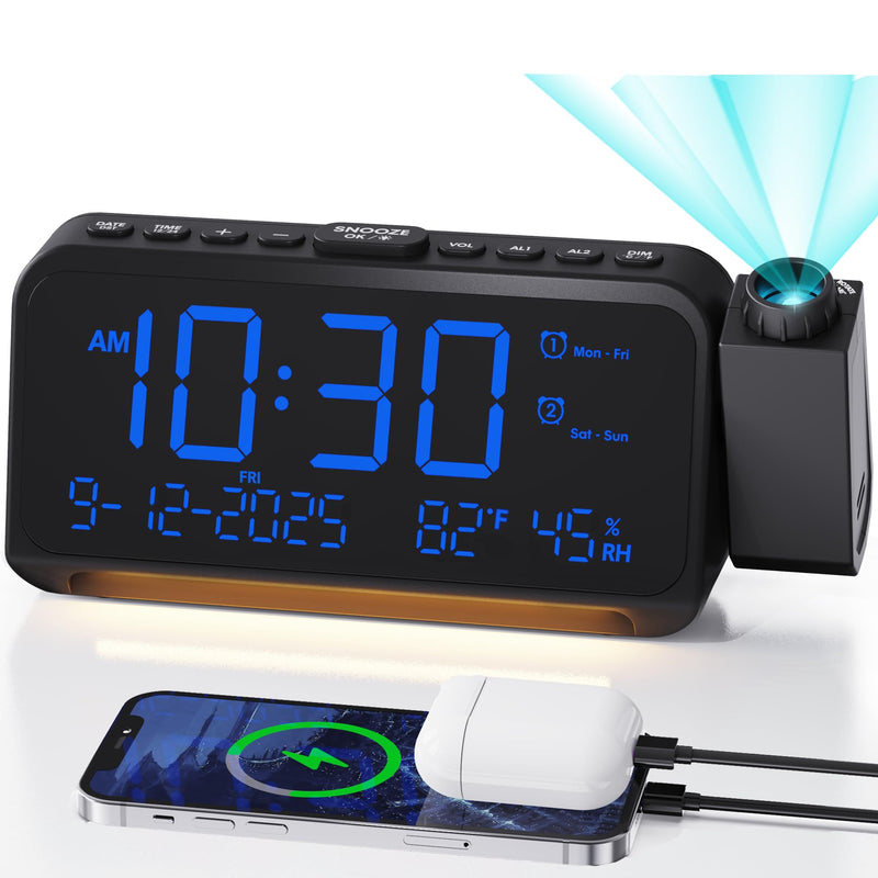 Roxicosly Projection Alarm Clock for Bedroom Ceiling, 118 dB Super Loud for Heavy Sleepers, 6.7" Large Digital Dimmable Display with Day Date Indoor Temp Humidity, Dual Alarms Adjustable Volume Blue Digit+blue Projection