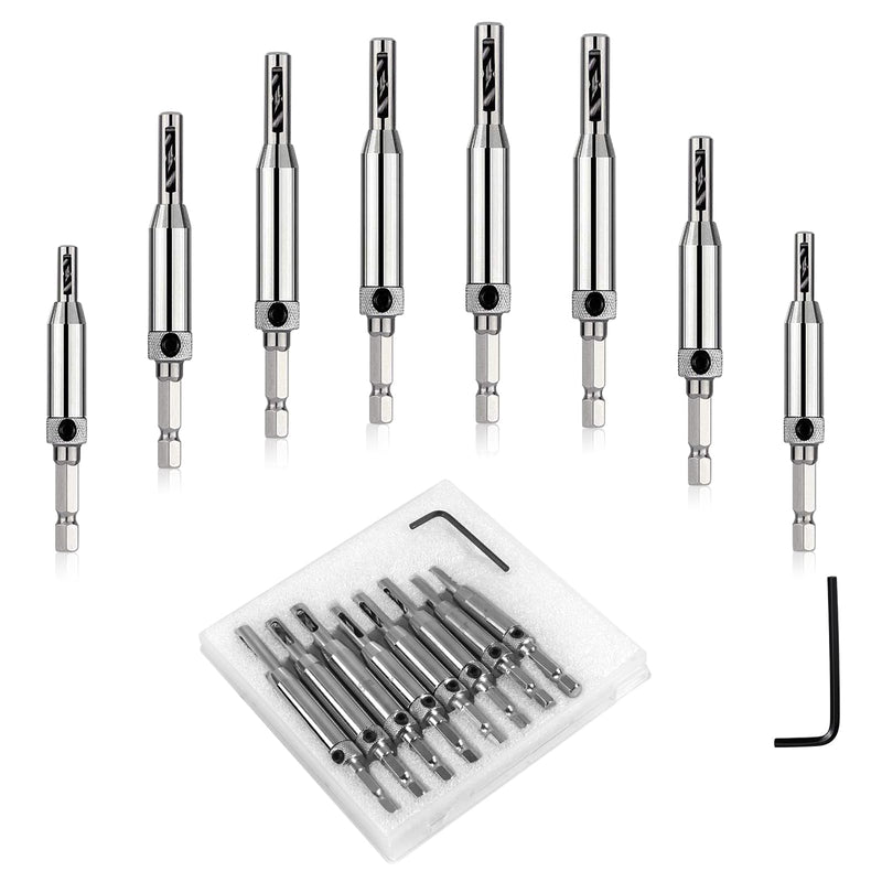 Self Centering Drill Bits Set for Hinges, Center Drill Bits VIX Bit Set with Flat Plastic Storage Case for Wood Woodworking Door Window Cabinet Hinge Total 10 PCS (Silver)