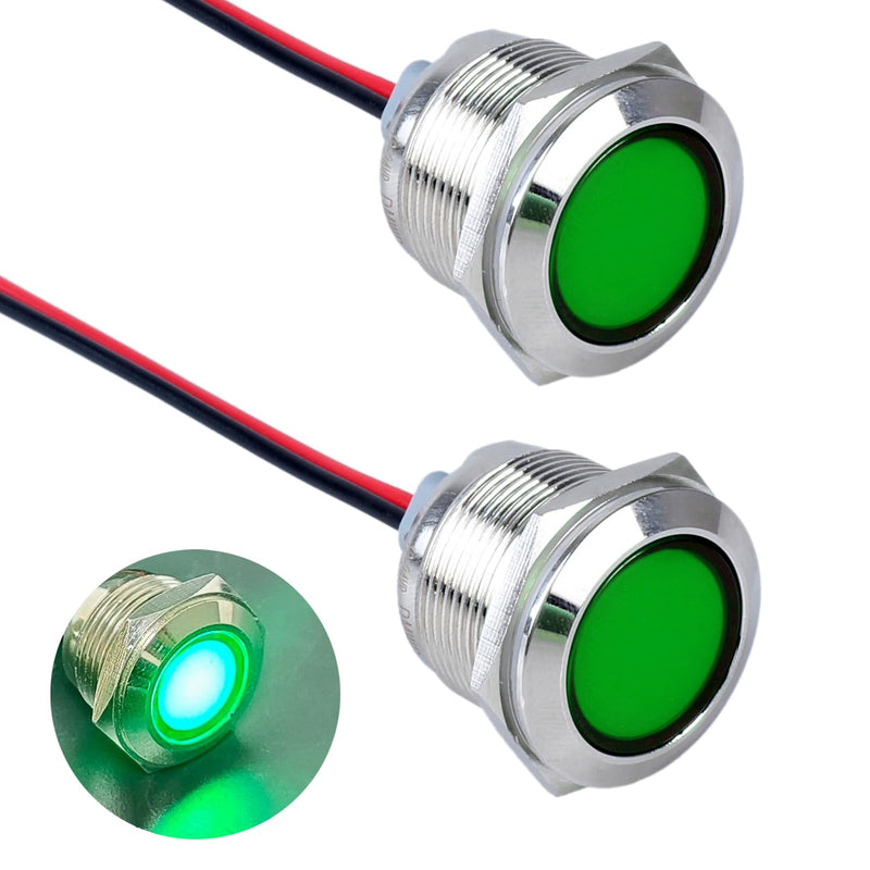 2PCS 22mm (7/8") LED Indicator Light, 12-24V AC/DC 20mA Energy Saving Metal Waterproof IP67 Single lamp LED Pilot Lamp Flat Head with 20cm/7.87in. Wire for Car Truck Boat(Green LED) Green 12-24V 22mm
