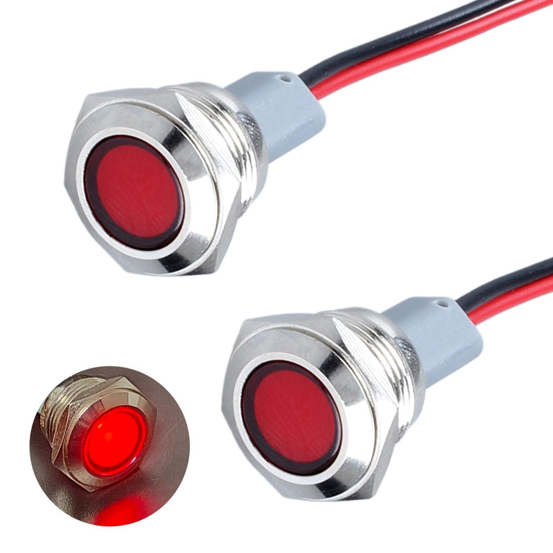 2PCS 16mm Metal Indicator Light Mounting Hole 5/8", 110-220VAC 20mA Waterproof IP67 Single lamp LED Pilot Lamp Flat Head with 20cm/7.87in. Wire for Car Truck Boat(Red LED) Red 110-220V 16mm