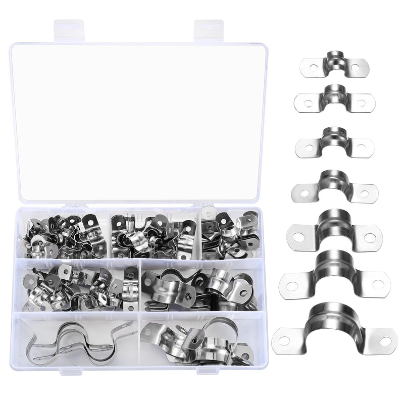 90 Pcs Two Hole Strap U Clamp,Pipe Strap U Bracket Clamp, Stainless Steel Rigid Pipe Strap U Bracket Tube Strap Clamp Kit for Pipe Tube Fixing Mounting - 5/16" 3/8" 9/16" 1/2" 5/8" 3/4" 1"
