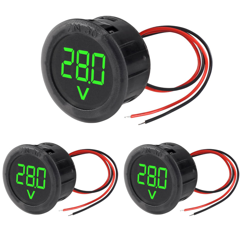 3pcs DC 4-100V LED Digital Display Circular Two-Wire Voltmeter DC Digital Voltmeter Head Display Reverse Connection Protection(Green) Green