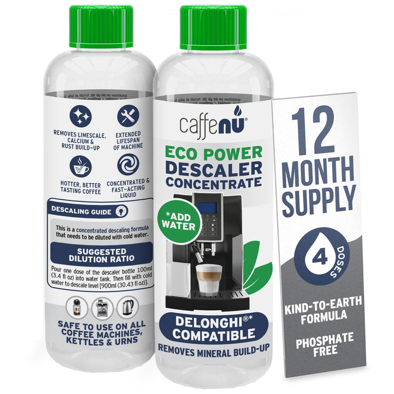 Delonghi Compatible Descaling Solution. 2 Bottles of Descaler Solution. Descaling Kit Removes Limescale For Hotter Coffee. 4 Uses Descaler For Delonghi Coffee Machines.