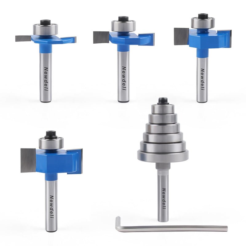 Newdeli Rabbet Router Bit Set 1/4 Inch Shank - 4Pcs Rabbeting Router Bits（1/8",1/4",3/8", 1/2" Height） with 6 Bearings Set (3/8", 1/2", 5/8", 3/4", 7/8", 1-1/8" Bearings) - Wood Biscuit Slot Cutters 4Pcs Rabbet Router Bits-6 Bearings-1/4" Shank