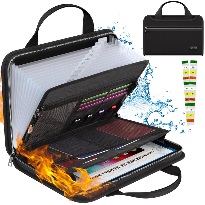 Tamfile Fireproof Accordion File Organizer with Handle, 13 Pocket Transparent Expanding File Folder with Zipper & Labels, File Folder with Multi-Pockets Paper Organizer Folder for Letter A4 Files Black With Handle Transparent, Pockets