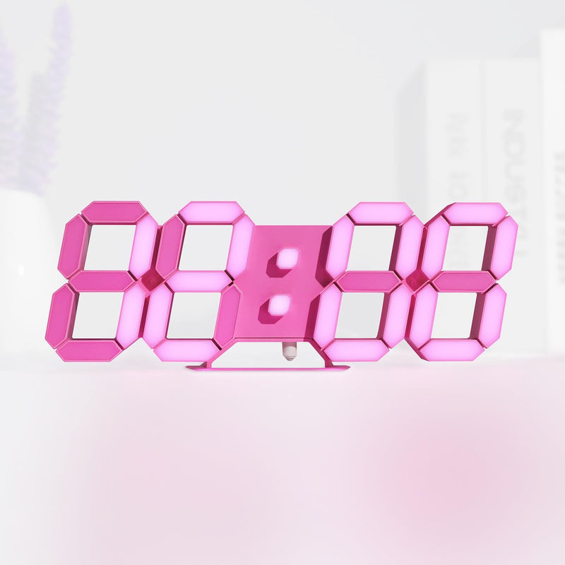 KOSUMOSU Pink LED Clock 3D Wall Clock 9.7" Table Clock for Living Room Modern Digital Clock for Bedroom Aesthetic Bedside Desk Clock with Remote/Dimming/12/24H/Temp/Alarm Clock/Date 9.7in Pink Clock-pink Light