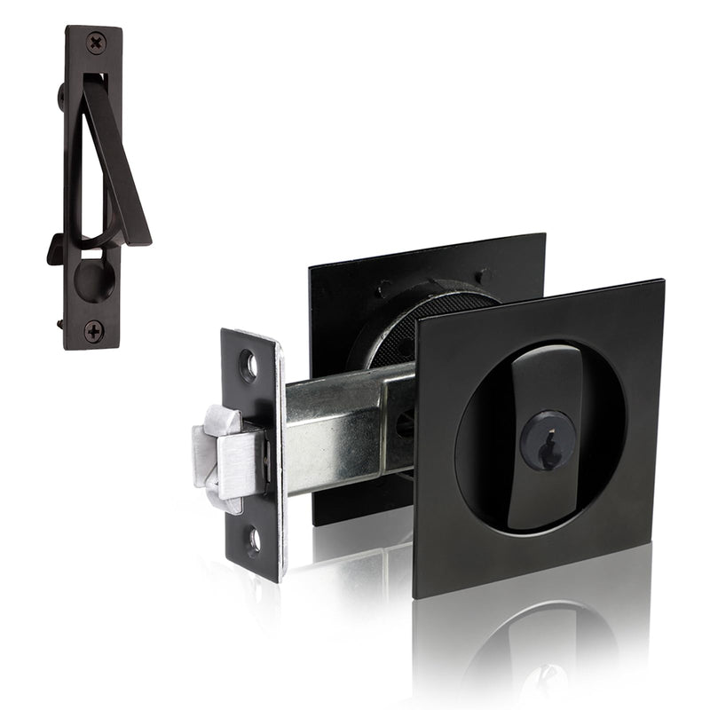Dontay Keyed Pocket Door Lock with Pull Handle,Flush Mount Recessed Knob,2-3/8 inch Backset,Square Bed Bath Hardware Fit Sliding Barn Interior Door Thickness 1-3/8 to 2-3/16 inch(Matte Black,1) Matte Black