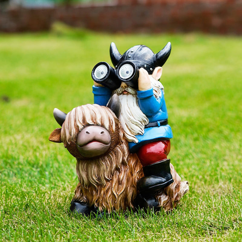 Garden Gnome Statues Resin Gnome Sitting on Highland Cow Solar Lights Outdoor Telescope Gnome Gifts for Yard, Patio Decor Gift(Cow Gnome) Cow Gnome