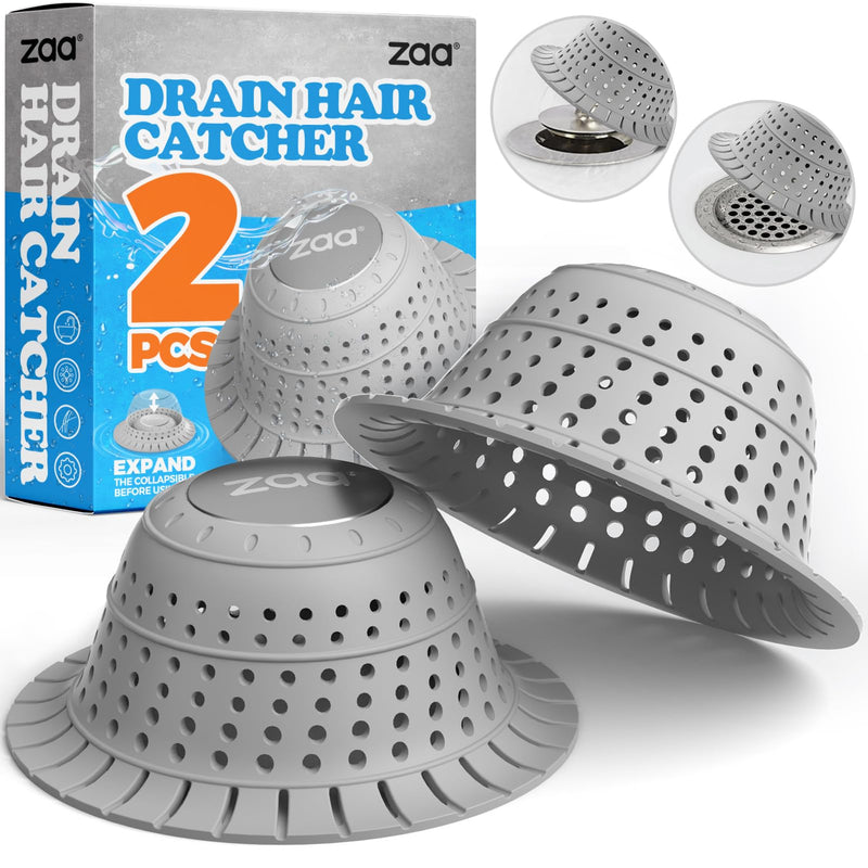 zaa Bathtub Drain Hair Catcher, 2 Pack Silicone Collapsible Bathtub Drain Cover Hair Catcher & Protector for Pop-Up & Regular Drains of Shower, Bathtub, Tub, Bathroom, Sink Gray