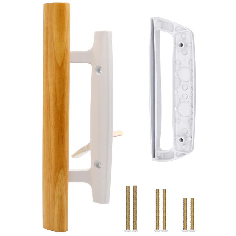 Sliding Glass Patio Door Handle Replacement Set with Oak Wood Inside Handles and Zinc Diecast Outside Pull, 3-15/16" Hole Spacing, Non-Handed, White White Handles Only