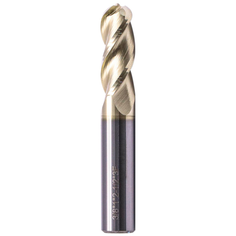 3/8" 3 Flute Solid Carbide Ball Nose End Mill for Aluminum, ZrN Coated | 37 Degree Helix, 3/8" Cutting Diameter, 3/8" Shank Diameter, 1" Length of Cut, 2-1/2" Overall Length 3/8 in