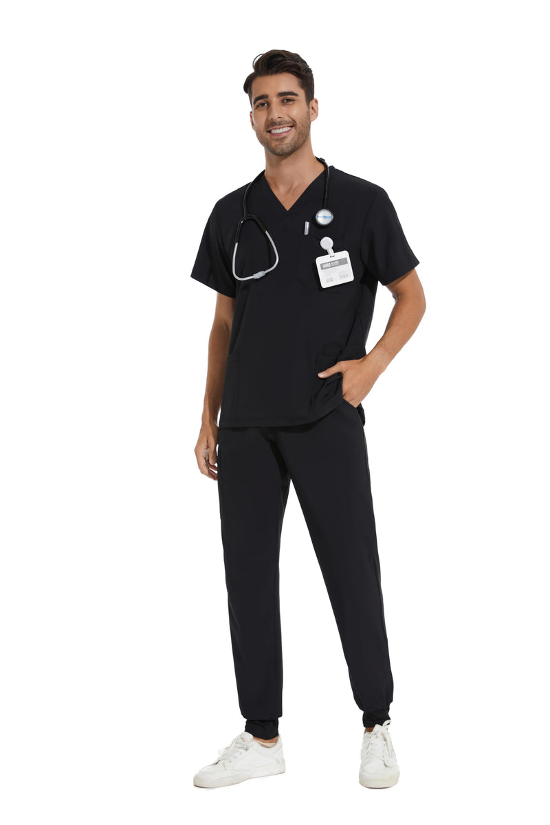 COZYFIT Men Scrubs Set — Stretch V-Neck Scrub Top & Jogger Pant with 8 Pockets, Yoga Waistband, Anti-Wrinkle Scrubs for Men Black Large