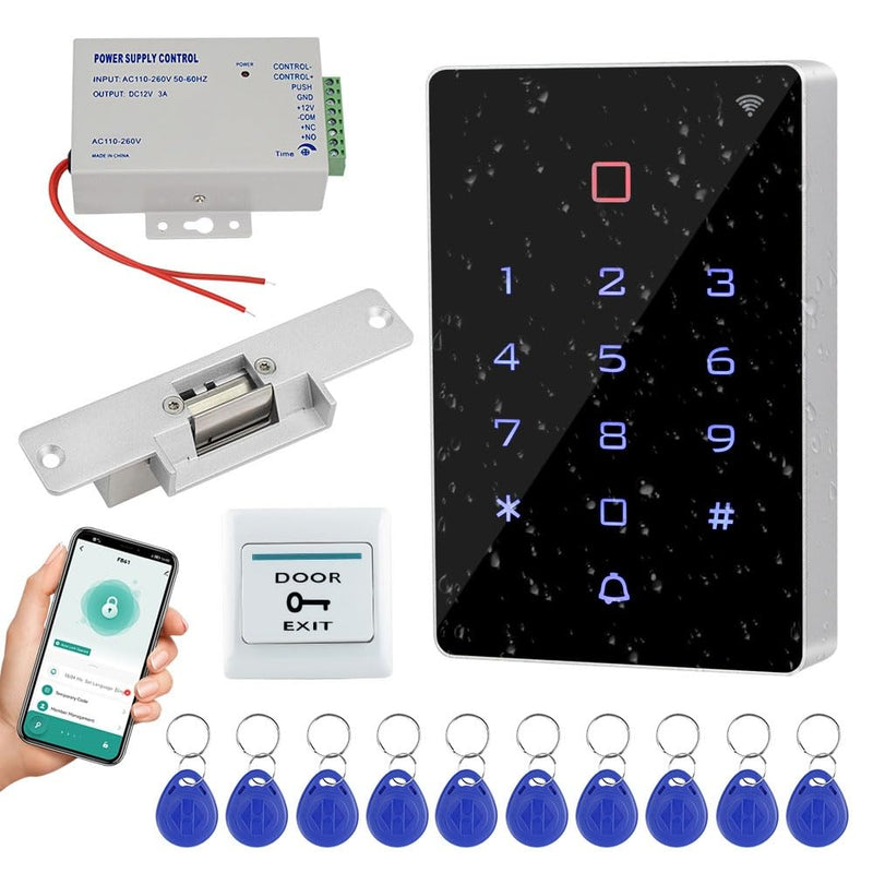 YiToo WiFi Tuya APP Access Control System Kit Waterproof RFID Access Control Keypad, Fail-Safe Electric Strike Lock, 12VDC Power Supply Unit, Door Switch Button, 125KHz RFID Badge Key fobs