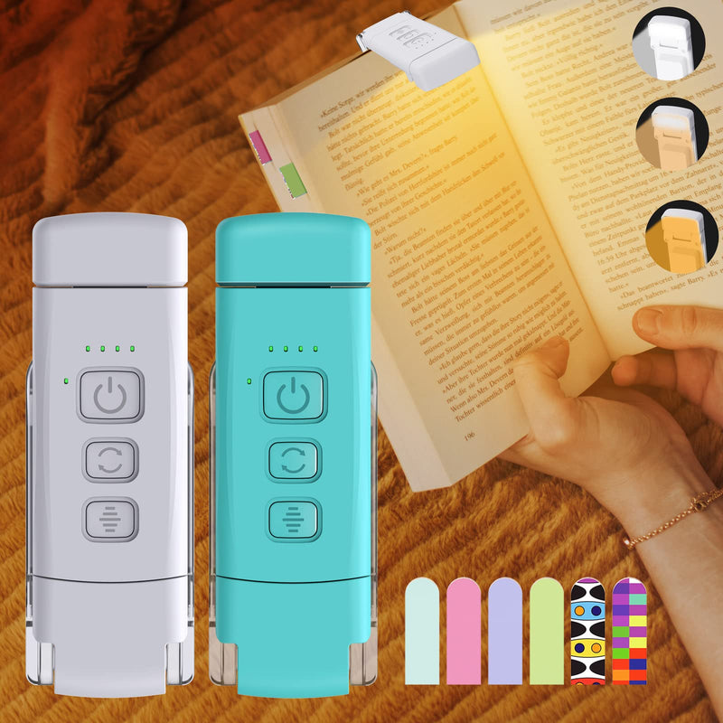 2-Pack Book Lights for Reading at Night, USB Rechargeable Book Light for Reading in Bed, Portable Clip-on LED Reading Light, 30/60-min Timer, 3 Amber Colors, 5 Brightness Dimmable, 6 Bookmarks, Kids 10-Blue White 2 Pack