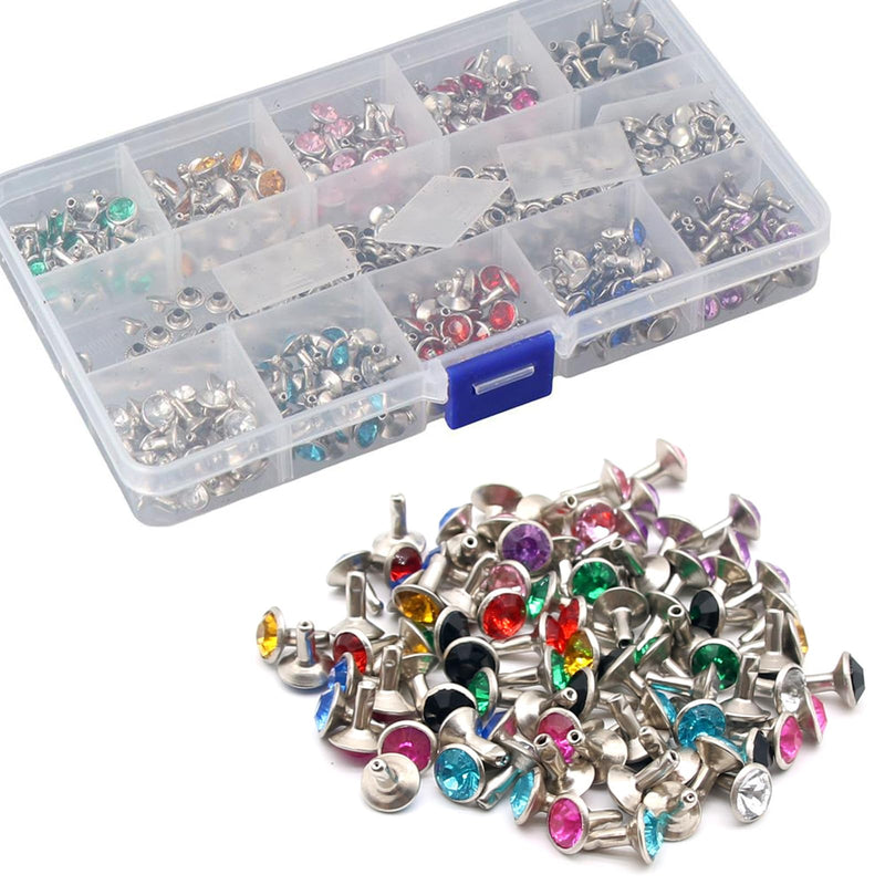 Uniquer 300 Sets 8MM Cz Crystal Rivets 10 Colors Rhinestone Rivets Studs Rapid Rivets Accessories for DIY Leathercraft Making