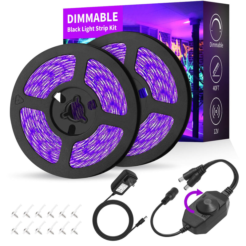 Dimmable Black Light Strip Kit 40ft/12M 720 LEDs, 12V Flexible Blacklight Fixtures, 385nm-400nm, Black Light LED Strips for Glow Party Fluorescent Poster Halloween Indoor Bedroom Decor, Non-Waterproof Dimmable-40ft/12M