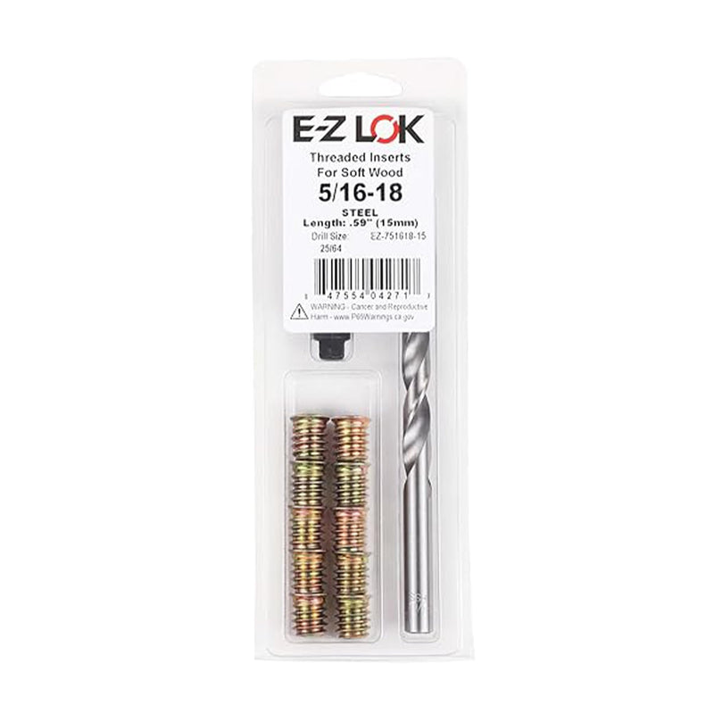 E-Z LOK Threaded Inserts for Wood, Repair Installation Kit, Includes Steel Hex Drive Flanged Thread Inserts, 5/16-18 Internal Thread, 15mm Length, Drill, Installation Tool