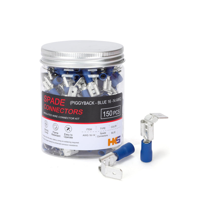 HKS 150PCS Piggyback Vinyl Insulated Spade Connector Blue 16-14 AWG - 6.3mm 1/4" Electrical Quick Disconnect Wire Connectors Kit - Tinned Copper PVC Terminals