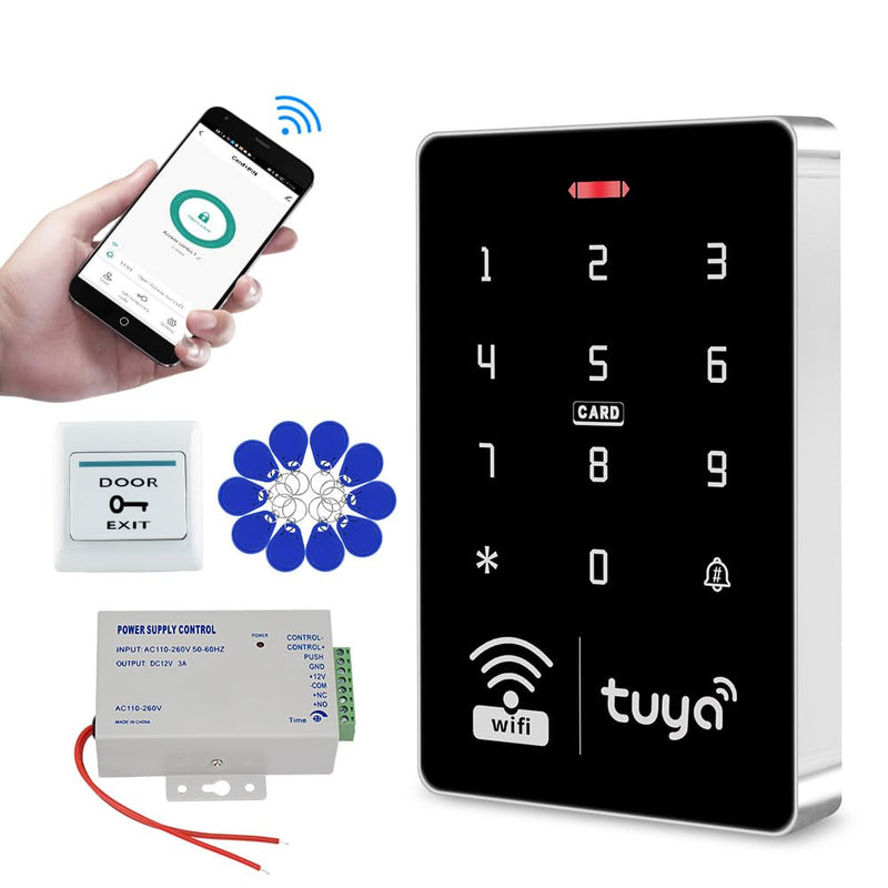 WiFi Access Control System Smart Tuya APP RFID Access Controller IP68 Waterproof 125KHz 13.56MHz Reader + Power Supply +10pcs Keyfobs (Without Lock) Without Lock